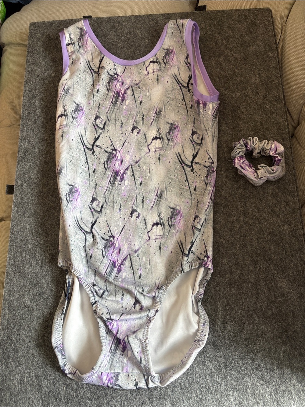 Girls Purple Marble Print One-Piece Gymnastics Leotard with Matching Scrunchie